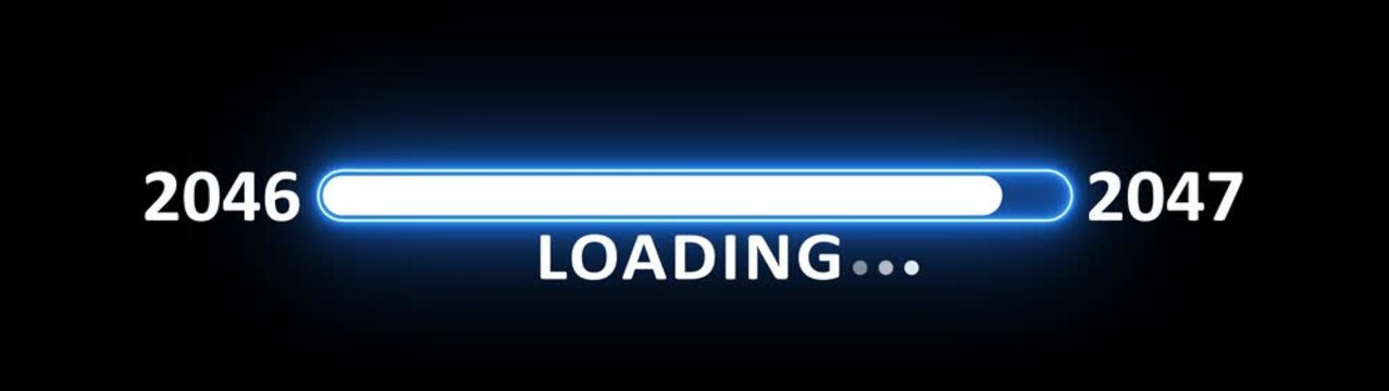 New year 2047 loading bar animation year changing from 2046 to 2047. New year 2047 loading bar animation transition from 2046 on black background. Almost reaching new year.