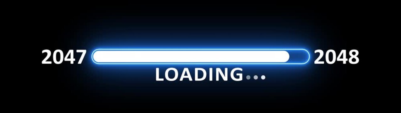 New year 2048 loading bar animation year changing from 2047 to 2048. New year 2048 loading bar animation transition from 2047 on black background. Almost reaching new year.