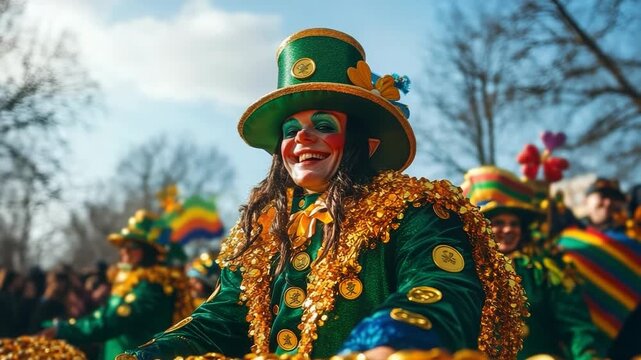 A leprechaun-themed parade float with performers in costumes, surrounded by gold coin decorations and rainbow designs. Traditional festive banner for St. Patrick's Day.