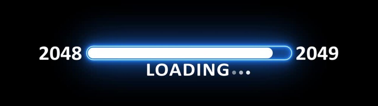 New year 2049 loading bar animation year changing from 2048 to 2049. New year 2049 loading bar animation transition from 2048 on black background. Almost reaching new year.