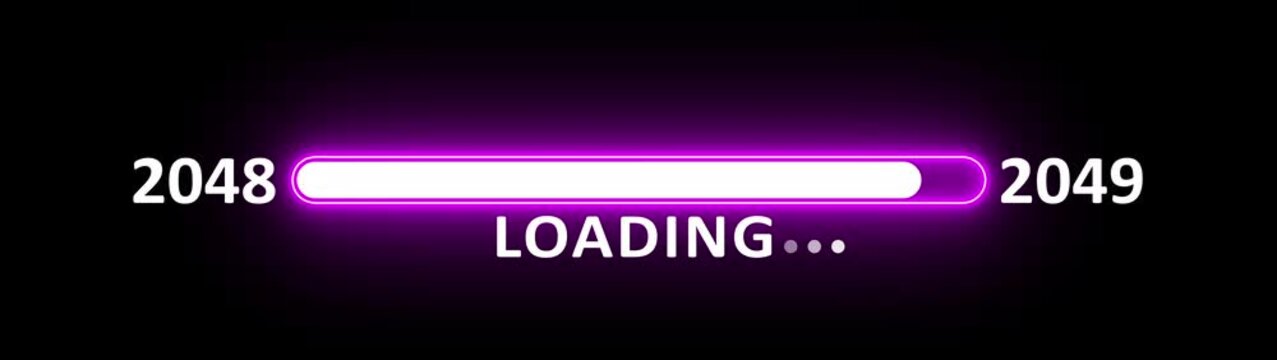 New year 2049 loading bar animation year changing from 2048 to 2049. New year 2049 loading bar animation transition from 2048 on black background. Almost reaching new year.