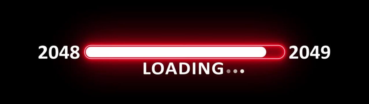 New year 2049 loading bar animation year changing from 2048 to 2049. New year 2049 loading bar animation transition from 2048 on black background. Almost reaching new year.