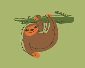 Fototapeta premium Green and brown cartoon outline sloth hanging from a tree. Wild animal life