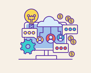 Naklejka premium Color outline business icons set about virtual business space, business analysis, marketing and financial statistics