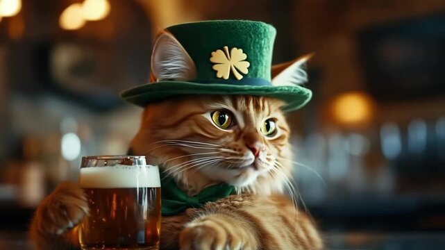 Happy Senior man wearing leprechaun costume on the background of the parade on St. Patrick's Day.