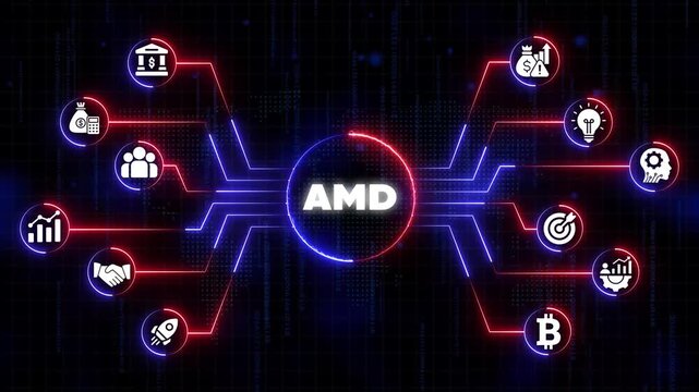 Advanced Micro Devices A M D Technology Concept with Business Finance and Cryptocurrency on Neon Circuit Board Background