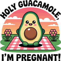 Cute cartoon avocado with baby bump on checkered picnic blanket