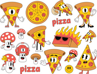 Colorful cartoon pizza slices and mushrooms with faces