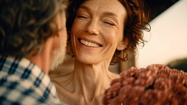 A man presents a woman with a bouquet of bright flowers, dramatic black background, strong emphasis on the colorful bouquet, faces partially hidden or out of focus, elegant minimalist composition

