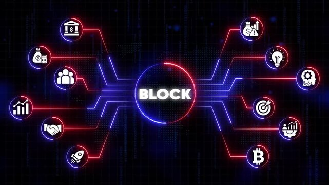 Blockchain technology concept with B L O C K in the center surrounded by finance and business on a digital background with neon lines and codes