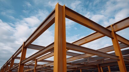 Steel building framework with beams and columns against a cloudy sky