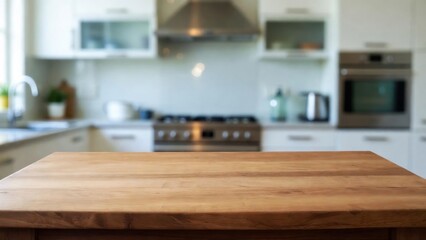 Empty wooden countertop in modern kitchen with stainless steel appliances