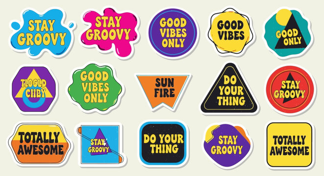 Retro sticker collection in vibrant colors capturing the essence of vintage vibes and optimism