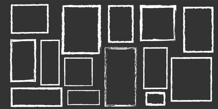 Chalk pencil frames doodle set. Crayon kids white borders in sketch style, rectangular and square shapes, grunge texture. Hand drawn vector illustration isolated on dark background