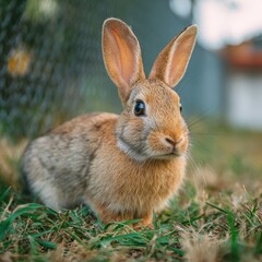 Fototapeta premium A rabbit is resting on green grass near a fence in an outdoor setting during the day