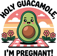 Cute green avocado with face and flowers on checkered background