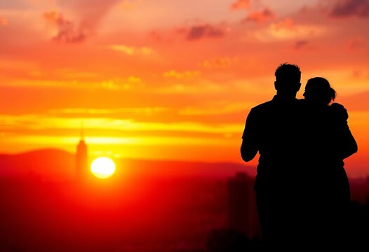 Silhouetted figures embracing against a vibrant cityscape sunset, light, graphic