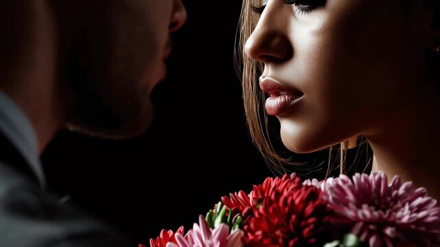 A man presents a woman with a bouquet of bright flowers, dramatic black background, strong emphasis on the colorful bouquet, faces partially hidden or out of focus, elegant minimalist composition
