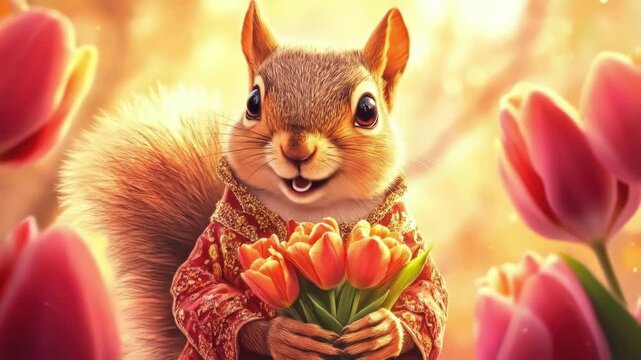 Adorable squirrel holding tulips amidst blossoming flowers in sunlight. March 8, International Women's Day. Mother's Day. Spring