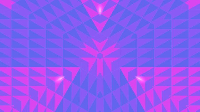 Vibrant pink & blue triangle mosaic with pulsing light orbs. Retro-futuristic geometric patterns for VJ loops & synthwave visuals. Dynamic symmetrical motion for 2026 creative trends. 4K loop.