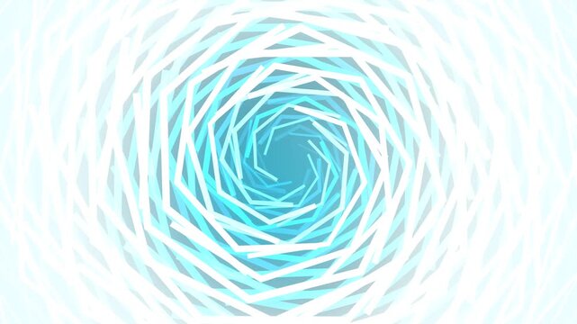 Abstract blue icy geometric vortex. 3D spiral tunnel of white light for high-speed data & winter tech. Minimalist spatial background for VR/AR. 4K seamless loop.