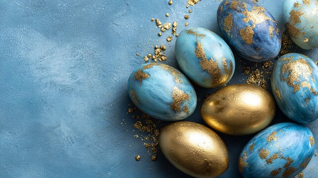 A collection of blue and gold Easter eggs with glitter on a textured blue background
