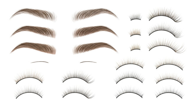 hyper-realistic light blonde eyebrows and eyelashes displayed in various styles, meticulously textured and isolated on a transparent studio background, professional beauty reference concept