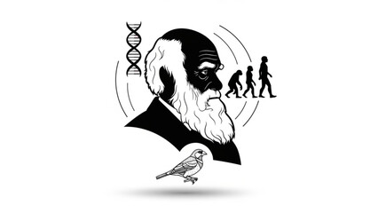 Fototapeta premium Charles darwin evolution concept with dna bird and human silhouettes