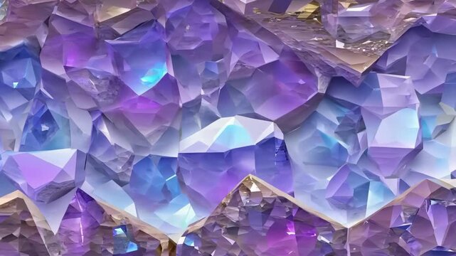 Detailed 3D animation of shimmering purple and blue amethyst crystal clusters with light refractions.