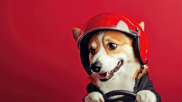 Corgi wearing red helmet against red background in driver pose