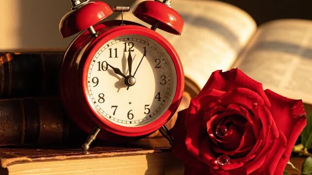 A close-up shot features a classic red vintage alarm clock standing prominently on a stack of aged, leather-bound books. Beside it, a striking red rose with delicate water droplets on its petals adds 