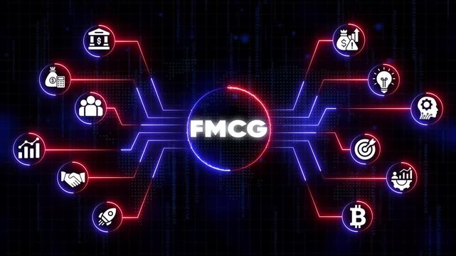 F M C G Business Growth Strategy Fast Moving Consumer Goods Marketing Concept with Finance Investment and Technology on Neon Network Background