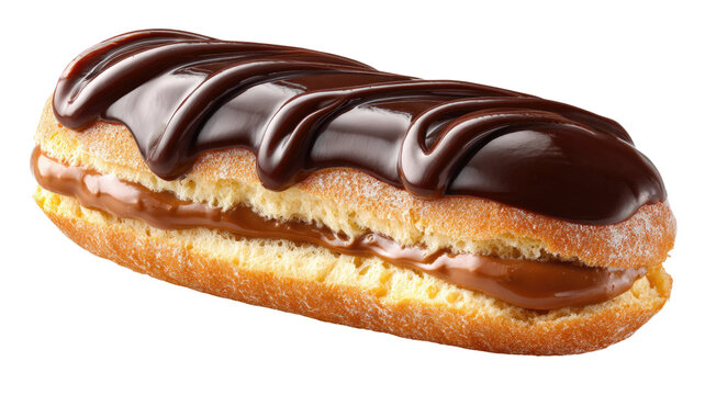 Fresh eclair pastry filled with cream and topped with rich chocolate glaze isolated on white background