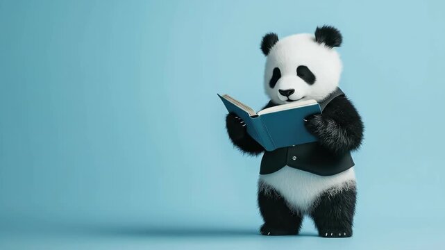Adorable cartoon panda reading book in black vest on blue background