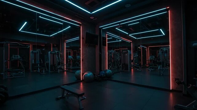 Modern Gym Interior with Red and Blue Neon Lighting