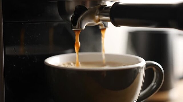 Espresso machine brewing rich coffee into a mug, close up shot, morning routine