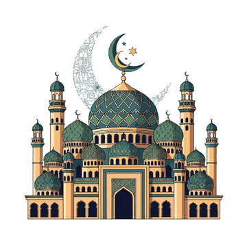 Illustration of a mosque with a crescent moon and star on top, celebrating RAMADHAN or happy ied mubarak with a stylized moon and Islamic architecture against a white background.