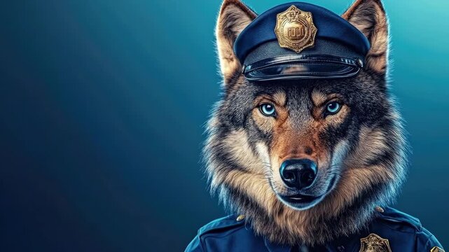 Wolf in police uniform with badge and cap against blue background