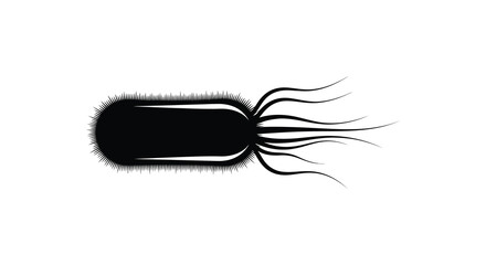 A striking black silhouette depicts a bacterium with flagella showcasing its elongated shape and filamentous appendages high quality