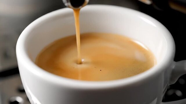 Espresso Pouring into White Cup: Close-up Coffee Machine Shot