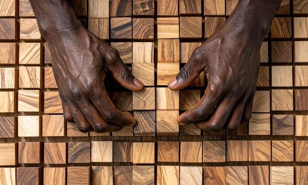 Dark hands touching wooden blocks, creating connection and pattern