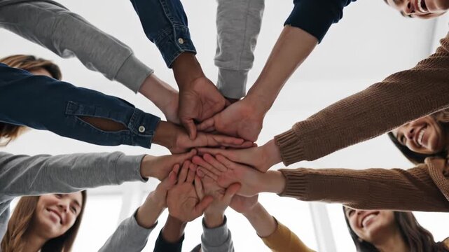 A group of diverse people putting their hands together in a circle as a symbol of unity and teamwork