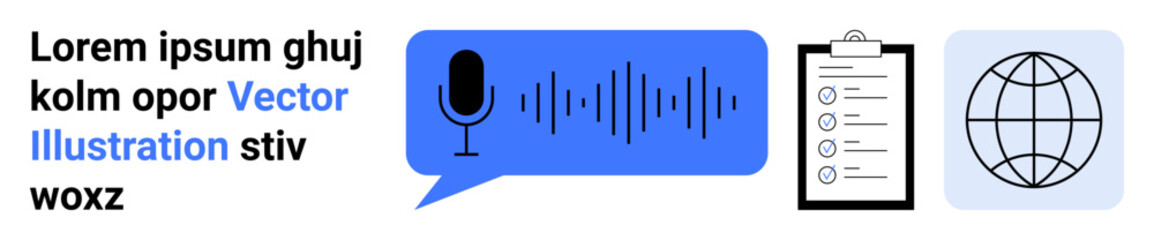 Communication, productivity, globalization, digital tools, workflow management, information sharing. Microphone, speech bubble checklist and globe icons. Communication and productivity concept © robu_s