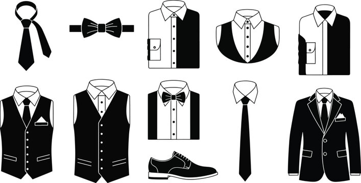 Mens formal wear collection silhouettes flat vector illustrations set
