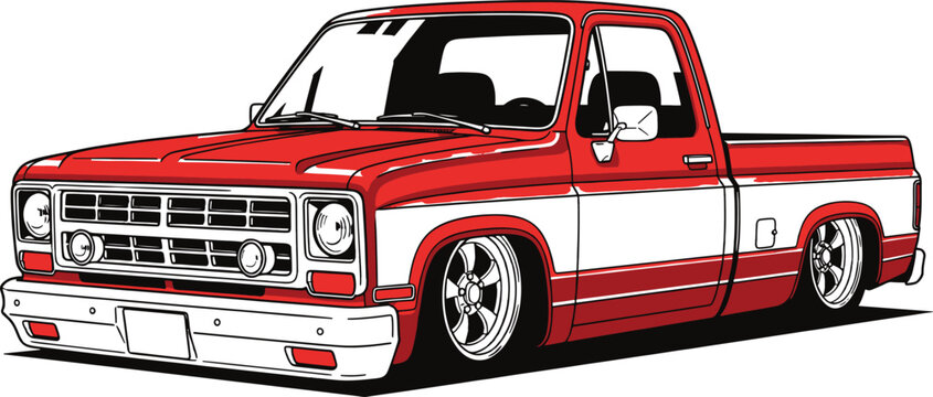 Red vintage pickup truck vector drawing, classic american car illustration