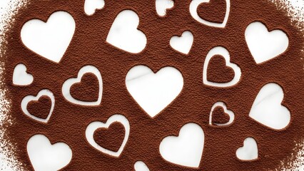 Obraz premium White Heart Shapes on Chocolate Background, Valentine’s Day Sweet Love Concept with Dessert Texture