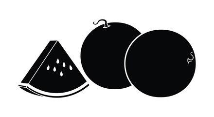 A simple black and white illustration depicts two whole watermelons and a single triangular slice showcasing summer fruit © Kuntol02