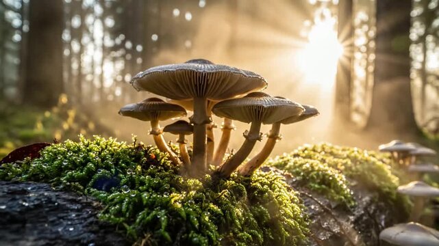 Mushrooms Growing on Mossy Log in Sunlit Forest