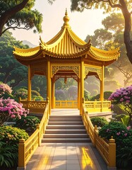 Fototapeta premium Golden ornate pavilion surrounded by lush garden, sunlit path leading to it, scenic view