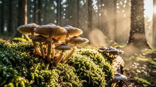 Mushrooms growing on mossy forest floor with sunlight filtering through trees